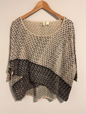 Moth Anthropologie Cotton Wool Blend Knit Cross Over Sweater Beige Black Beaded